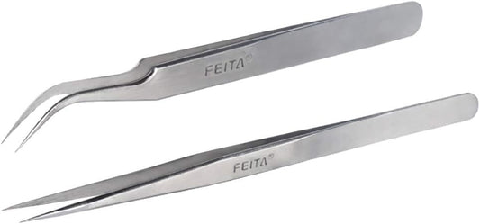 Best Eyelash Extension Tweezer Set - FEITA Pro Straight & Curved Pointy Precision Fine Tip Tweezers for Lash Extensions - Silver - 2Pcs
