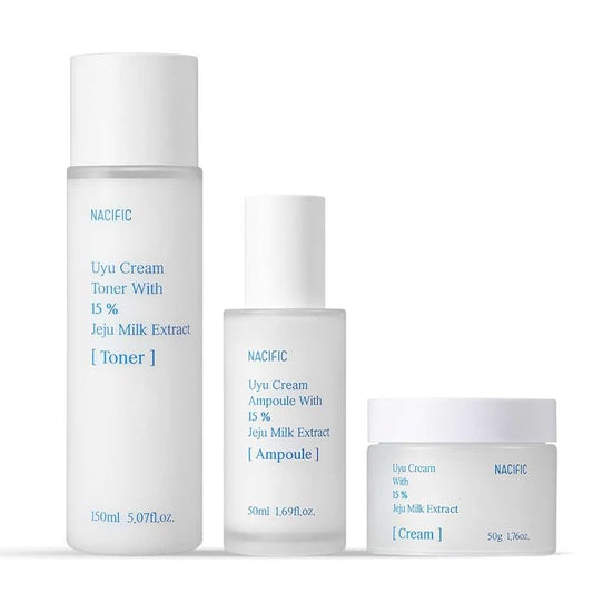 NACIFIC Uyu Cream Moisturizing Set Toner 150ml 5.07fl.oz, Ampoule 50ml 1.69fl.oz, Cream 50ml 1.69fl.oz, Milk Jeju Island, 100 housr lasting, Deep Moisture
