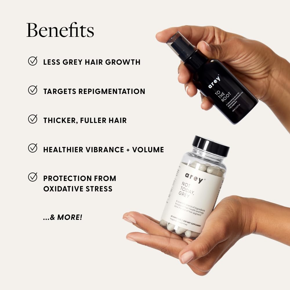 Arey The System Hair Serum and Supplements | Slows Grey Hair Growth, Promotes Healthier Hair & Repigments with Mela-9™ Complex, Antioxidants & Vitamins | Vegan, Oil-Free, Scent-Free (1 Month Supply)