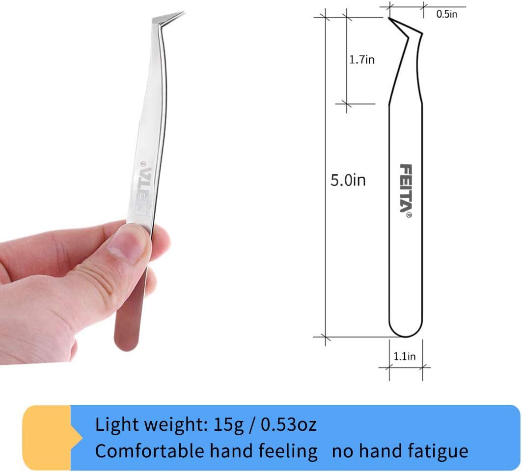 Volume Eyelash Extension Tweezer - FEITA Professional Angled Curved Pointed L-Shaped Precision Tweezers for 3D 4D 6D Lashes Extension - Silver