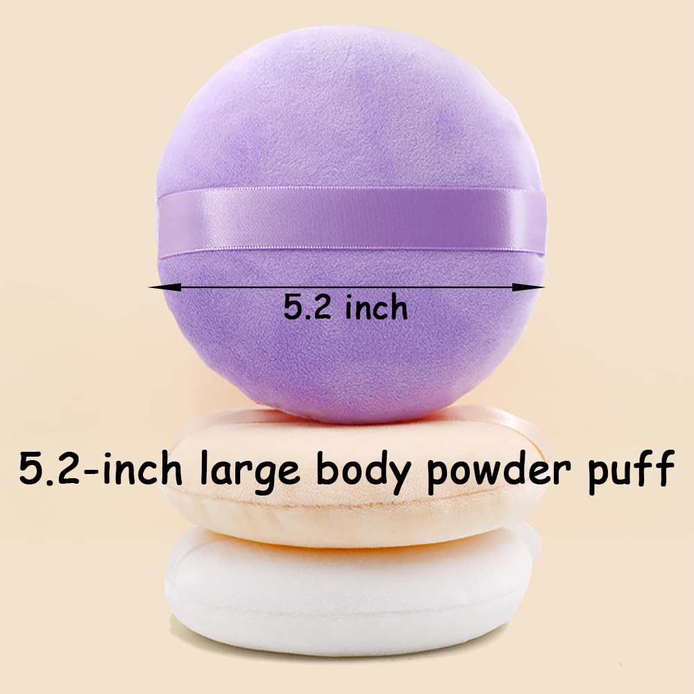 2 Pack Extra Large 5.2" Beige & Purple Powder Puffs and 5.3" Glass Container – Oversized Soft Body & Face Large Powder Puff Dusting Powder Jar Holder Case(Amber Glass)