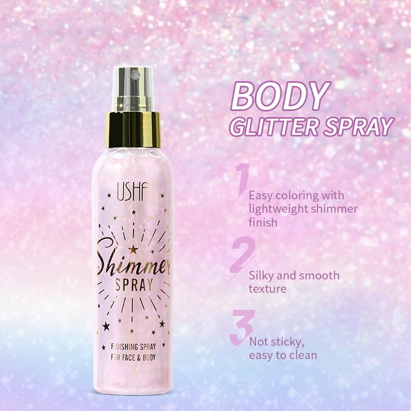 USHAS Body Glitter Spray 3.72 fl.oz - Temporary Body Shimmer Spray for Face, Hair, Clothing, Long Lasting Quick-Drying Shiny for Music Festival Rave (03)