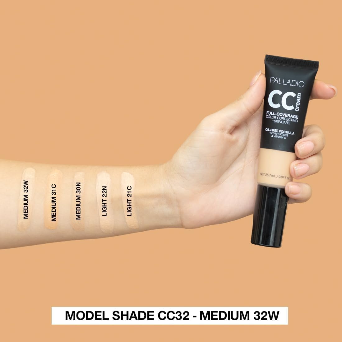 Palladio Full-Coverage Color Correction CC Cream, Oil-Free with Peptides & Vitamin C, Best for Correcting Redness and Uneven Skin Tone, Buildable Foundation Coverage (Light 22N)