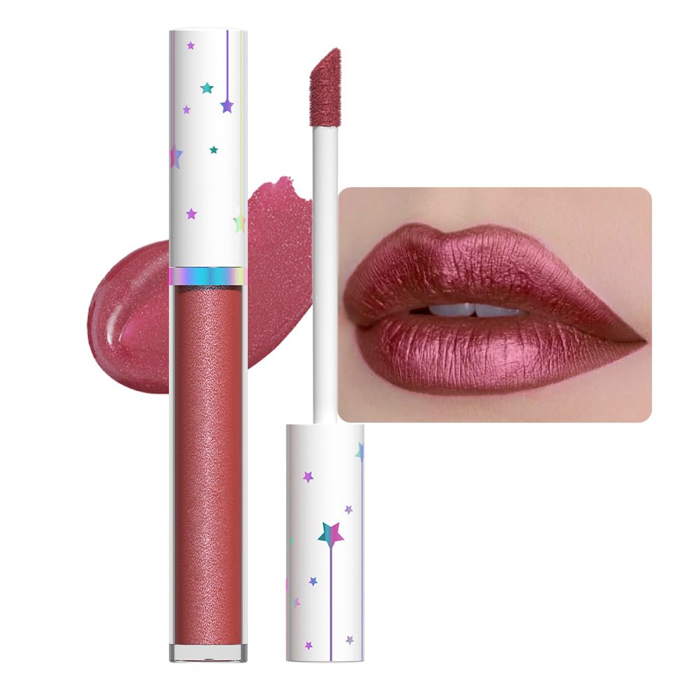 evpct 1Pcs Mauve Red Metallic Glitter iridescent Liquid Lipstick for Women Long Lasting Waterproof 24, Maroon Red frosted Metallic Glitter Shimmer Chrome Glossy Lipsticks Lip Gloss Stains Makeup Set