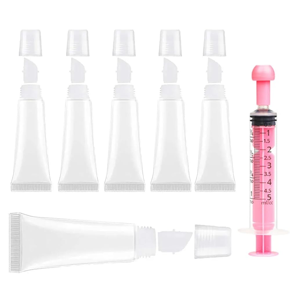 6PCS Empty Lip Gloss Tubes - 8ml Clear Lip Balm Tubes with 5ml Syringes - Refillable Squeeze Lip Balm Containers - Mini Cosmetic Soft for DIY Lip Gloss and Travel Toiletries