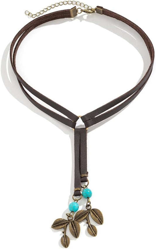 Y2K Necklace Puffy Turquoise Beaded Necklaces Pendant Boho Necklace Leather Choker Wrap Necklaces Jewelry for Women