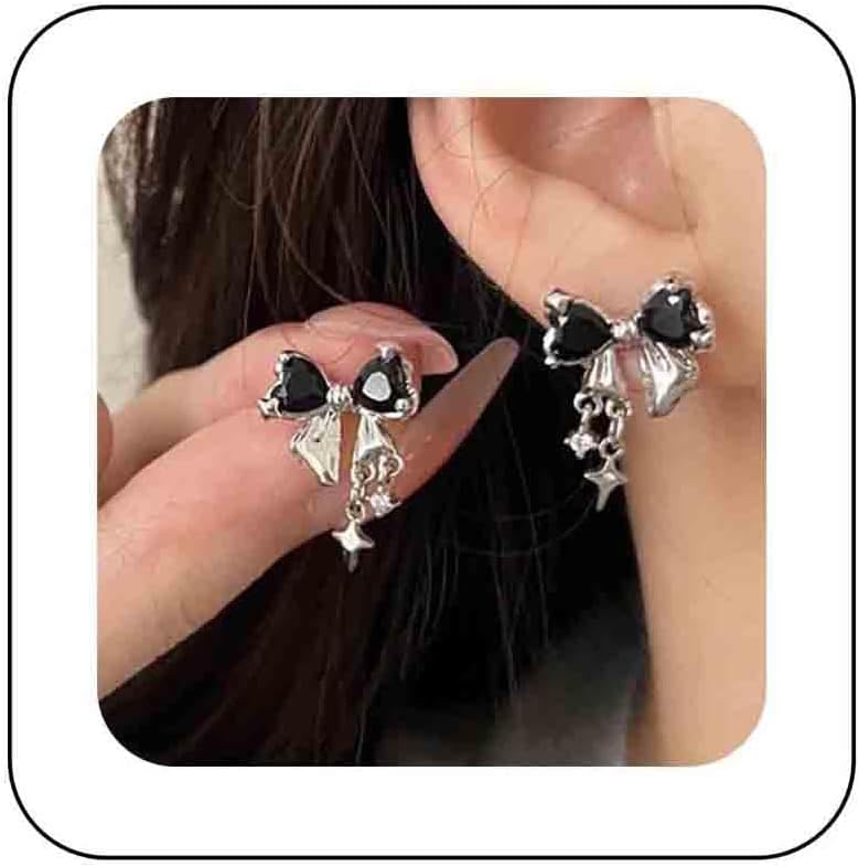 Vintage Crystal Bow Earrings Black Onyx Stud Earrings Silver Tiny Cross Drop Earrings Sparkly Cz Rhinestone Bow Earrings Jewelry for Women