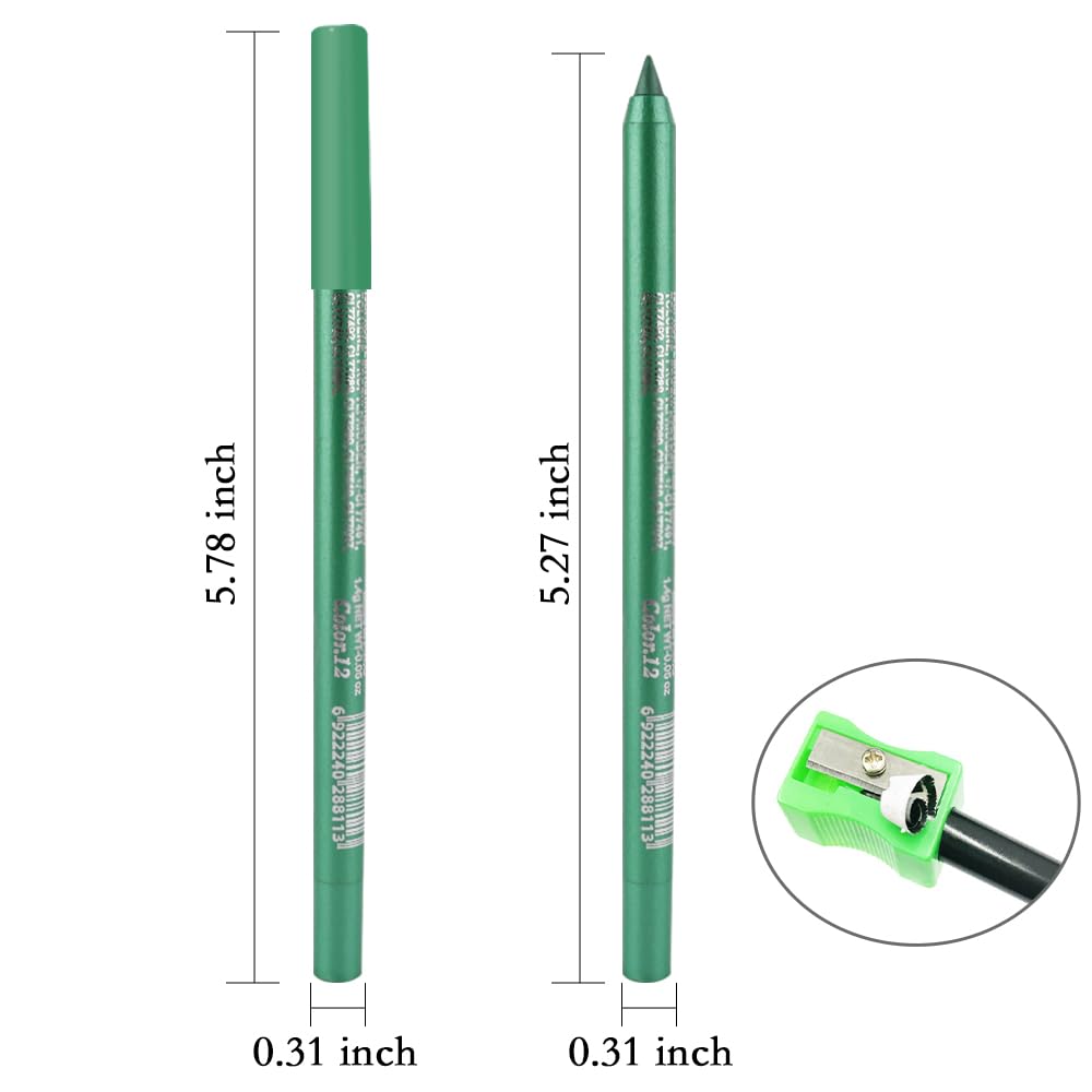 evpct Green Glitter Eyeliner Pencil for Eyes, Forest Green Metallic Shimmer Eye Liner Pencil Makeup Waterproof Smudge Proof, Colored Gel Waterline Eyeliner Face Eye Paint Stick Halloween Makeup 12