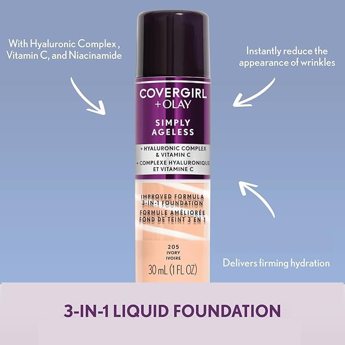 CoverGirl & Olay Simply Ageless 3-in-1 Liquid Foundation, Matte Finish, Hyaluronic & Vitamin C Formula, Creamy Natural, 1 Count
