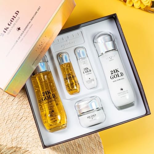 Signature 24K Gold Essential Skin Care 3 Set Toner, Emulsion, Cream Set (24K Gold)