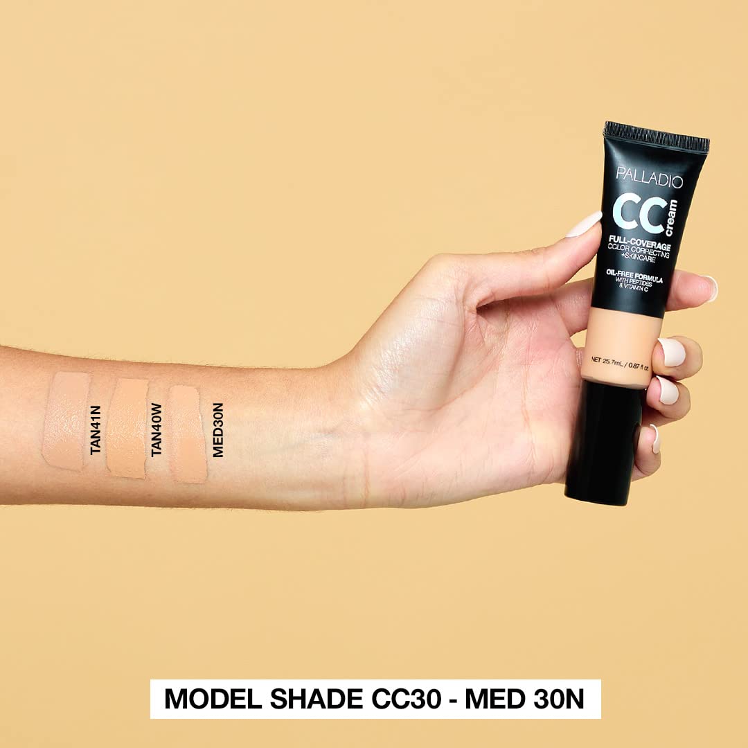 Palladio Full-Coverage Color Correction CC Cream, Oil-Free with Peptides & Vitamin C, Best for Correcting Redness and Uneven Skin Tone, Buildable Foundation Coverage (Med 30N)