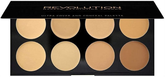 Makeup Revolution Ultra Cover & Concealer Palette, Ultimate Coverage, Light, 8 Shades, 10g