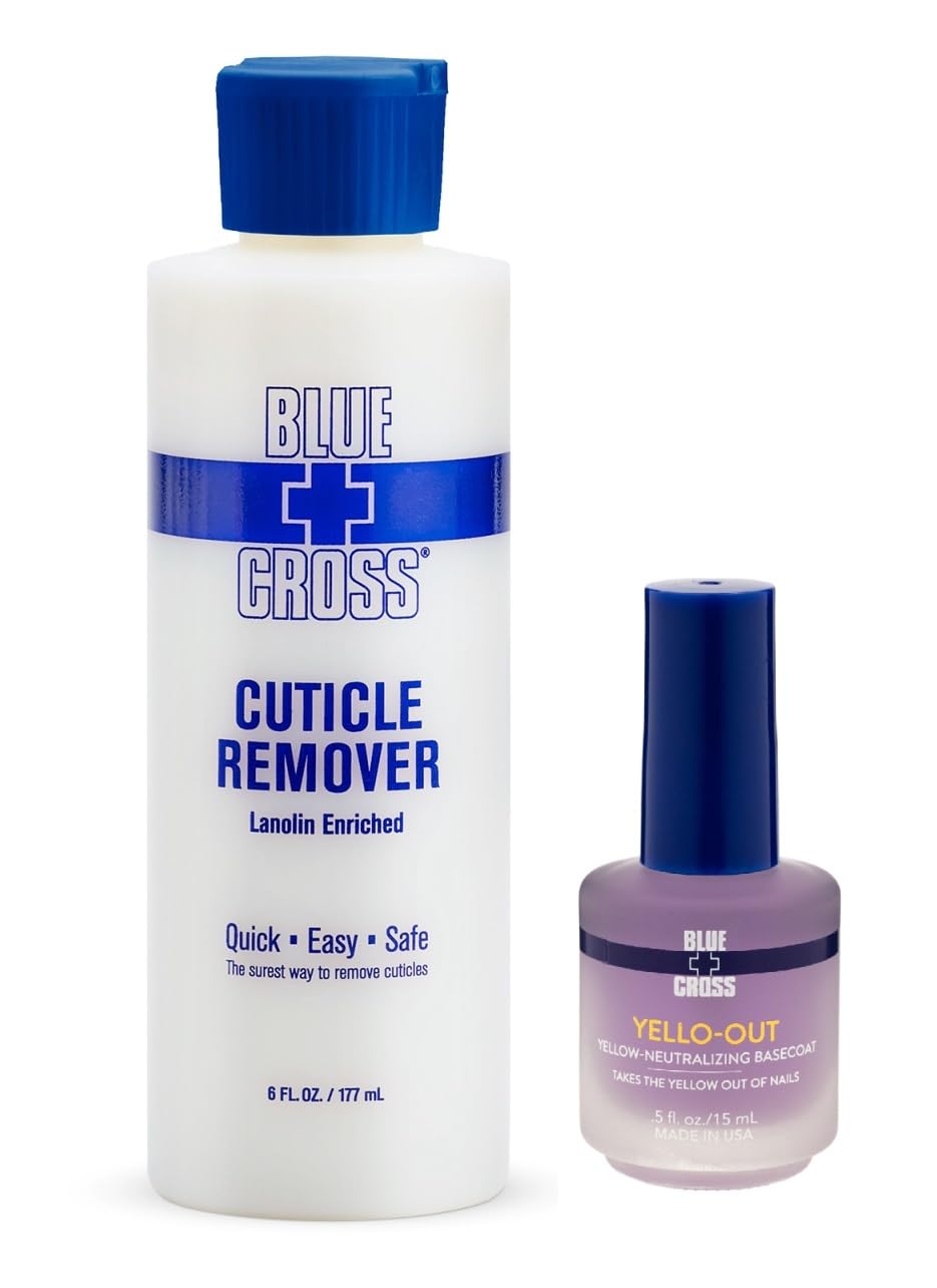 Blue Cross Professional Nail Care Cuticle Remover Liquid with Lanolin (6oz) + Yello Out Purple Toner Nail (0.5oz), 2 Pack Bundle