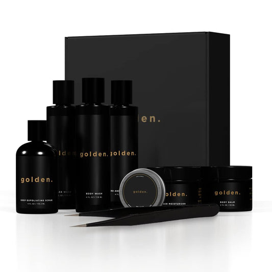 Golden Grooming Co. Bath and Body Skin Care Kit Gift Set for Men - with Deep Exfoliating Scrub, Face Wash, Moisturizer, Body Wash, 2 in 1 Beard and Hair Shampoo, Body Balm,Solid Cologne and Tweezers