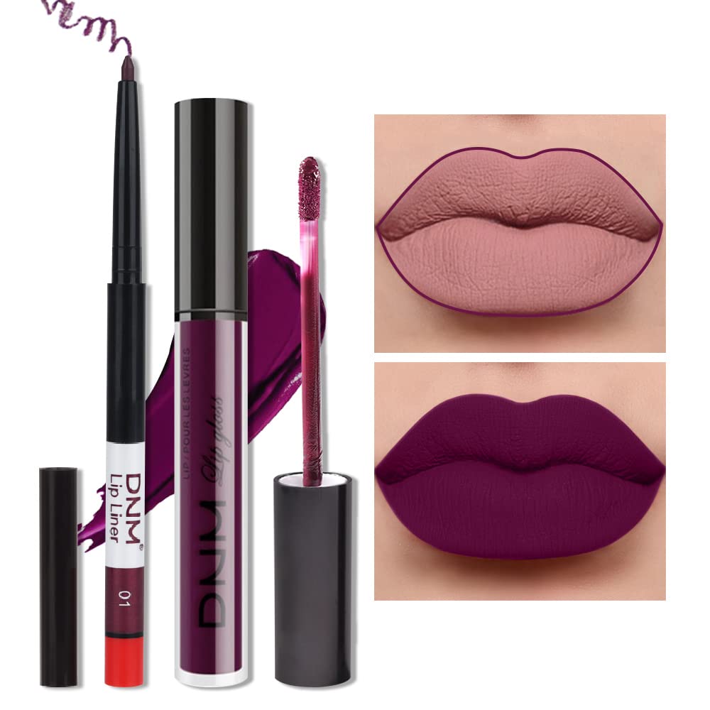 evpct 2Pcs Purple Plum Matte 24-hour Liquid Lipstick and Lip Liner Pencil Makeup Set Women Dark Red Bright Berry Liquid Lipstick Matte Lip Tint 24H and with Lip Liner Set Waterproof Long Lasting 1