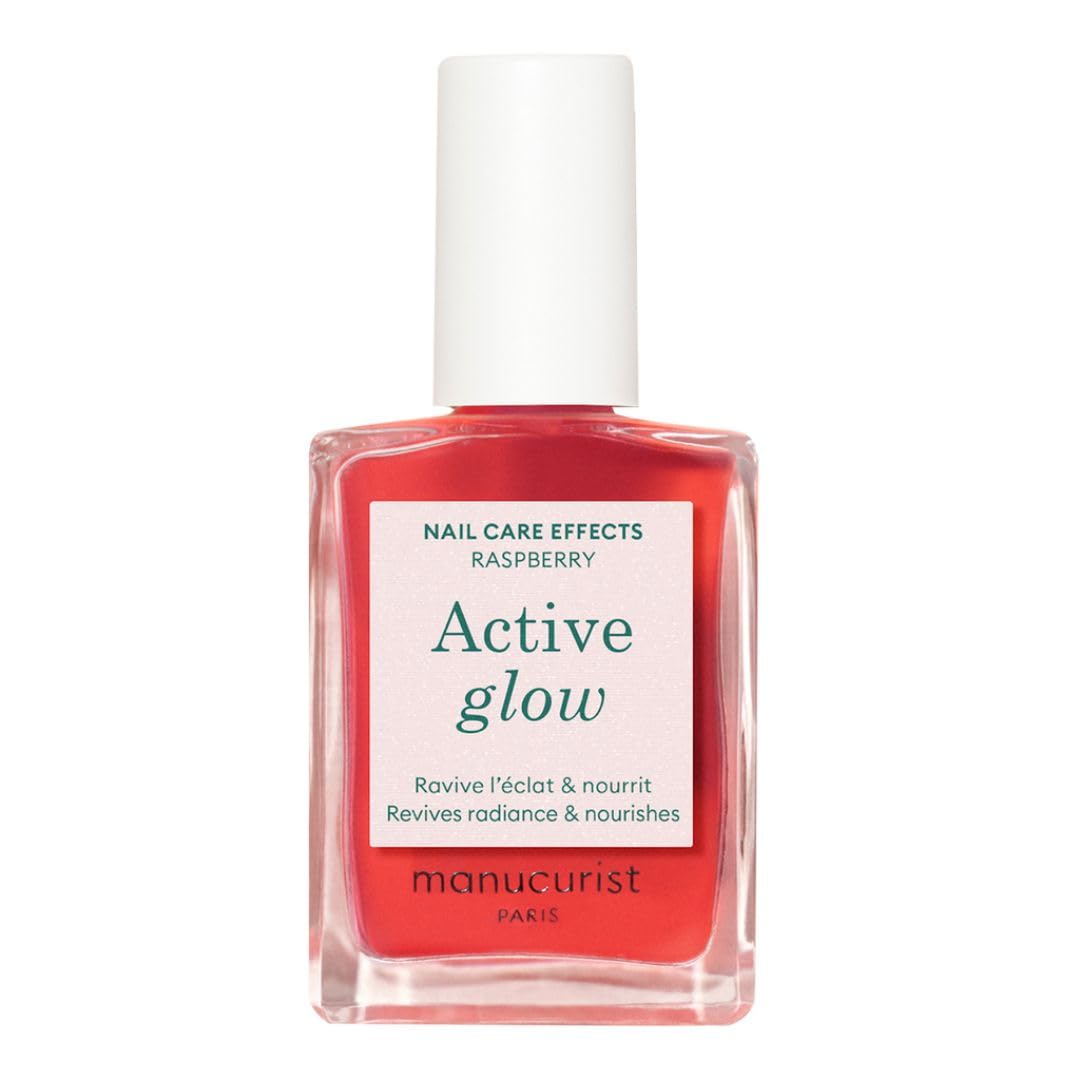 Manucurist Active Glow Raspberry Nail Polish & Care - Ultra-Glowy 2 in 1 Nail Concealer & Care - Plant-Based Ingredients: Sweet Almond Oil, Raspberry for Nourished Nail Rosy Mirror-Like Shine