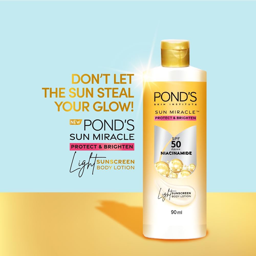 POND-S. Sun Miracle Body Lotion, SPF 50 PA+++, 90 ml, UVA/UVB Protection, 1% Niacinamide, Lightweight, No White Cast 3.0 Fl.oz.