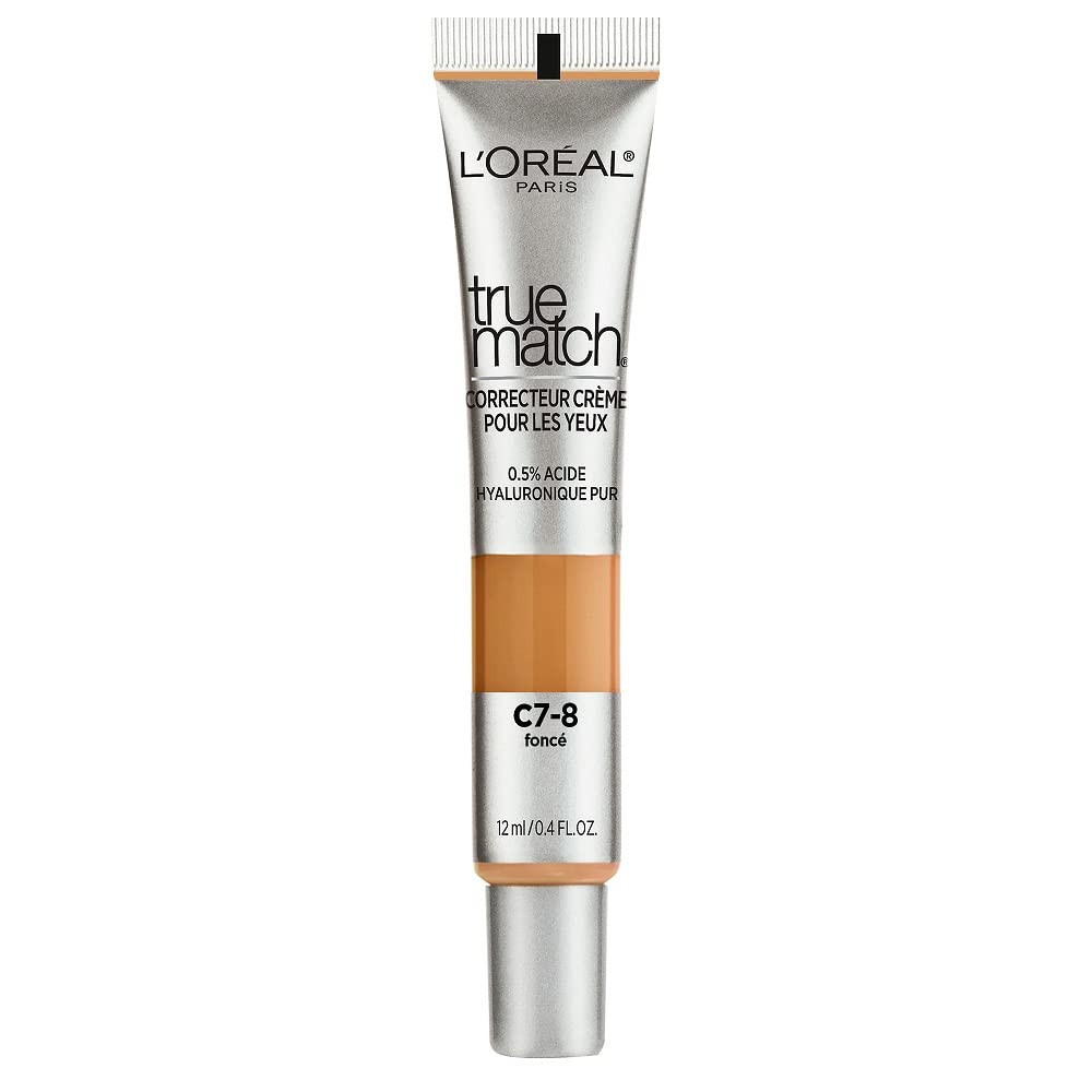 L’Oréal Paris True Match Eye Cream in a Concealer, 0.5% hyaluronic acid, Dark C7-8, 0.4 fl. oz.