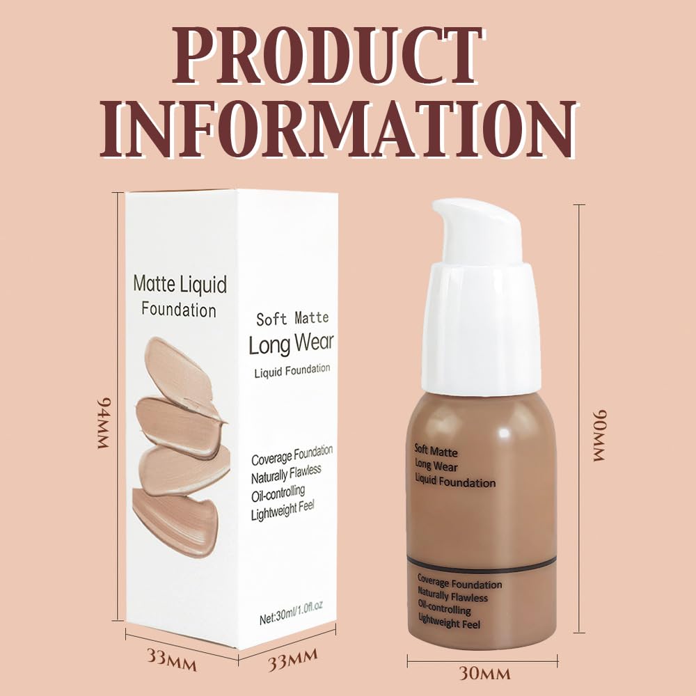 Matte Liquid Full Coverage Foundation, Flawless Soft Matte 24HR Oil Control Full Coverage Foundation Makeup for Women, Long-Lasting Waterproof Full Coverage, 06#Toffee (06, Pack of 1)