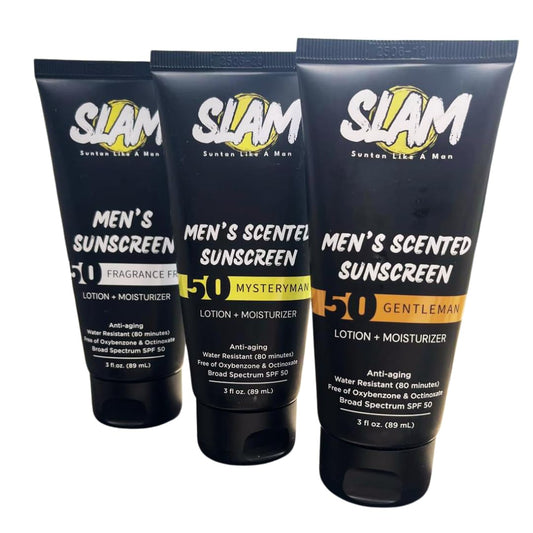 SLAM Men's Sunscreen Lotion SPF 50 & Moisturizer – Face & Body Sunblock, Anti-Aging, Water-Resistant, Hawaii Act 104 Safe, Skincare for Men, Scented & Unscented – 3 fl oz. each- Trio pack.