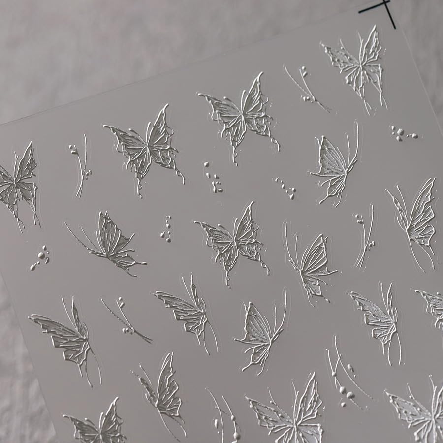 Butterfly Nail Stickers 5D Embossed Nail Art Decals Self-Adhesive White Butterfly Nail Stickers for Nail Art DIY Nail Art Decorations Supplies for Women (1, White Butterfly)