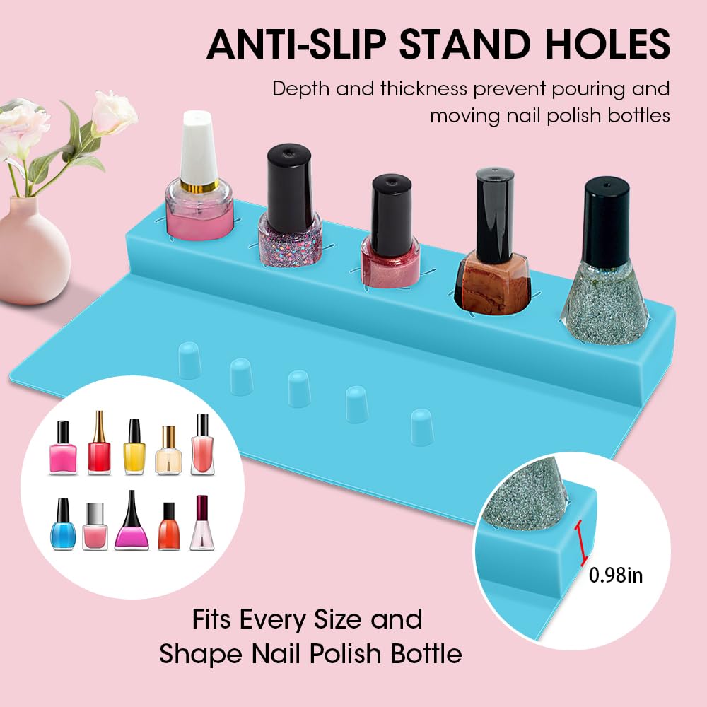 Nail Polish Holder, Silicone Hand Rest Mat Fingernail Painting Tools 2 in 1 Art Accessories Organizer Case Set with Anti-Spill Bottle Stand and Finger Separators for Pedicure Manicure-Blue