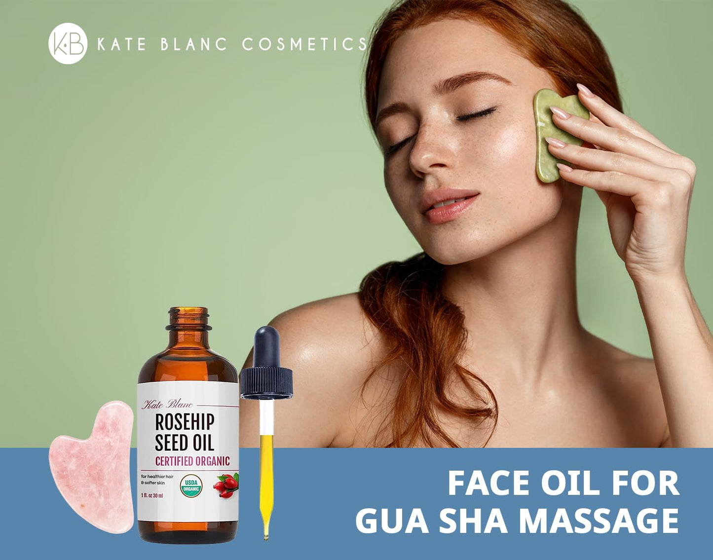 Kate Blanc Cosmetics Rosehip Oil for Face with Pink Gua Sha Stone (1oz, Organic, Pure, Cold Pressed) Rosehip Seed Face Oil for Gua Sha Massage