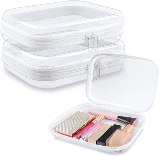 Clear Hard Shell Zipper Case 3 PCS Clear Cosmetic Make up Bag Waterproof Travel Toiletry Bag for Women, Hard Plastic Zipper Pouches Portable Travel Storage Organizer Bins (White, 5"x3"x2")