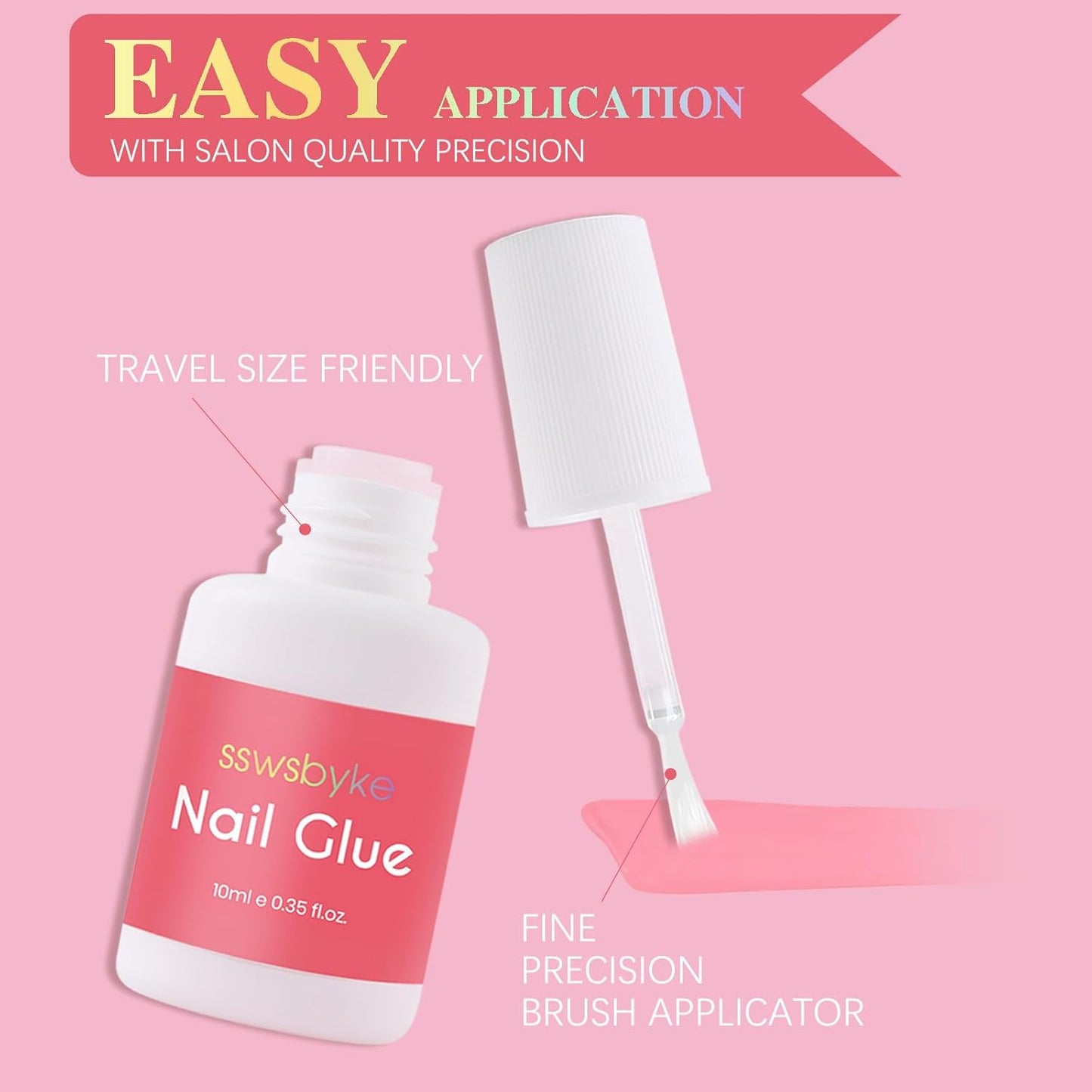 Super Strong Nail Glue for Press Ons, Brush On Press On Nail Glue for Acrylic Nail Tips, SSWSBYKE 10ml Quick Drying Long Lasting Bonding Adhesive, Mess-Free Application