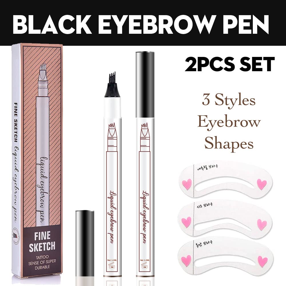 2 Pcs/Set 3D Eyebrow Pencil - Eye Makeup Micro 4 Point Brow Pen Lift & Snatch Eyebrow Pen Kits with 3 Eyebrow Stencil Long-Lasting Waterproof Natural Eyebrow Hair (4# black)