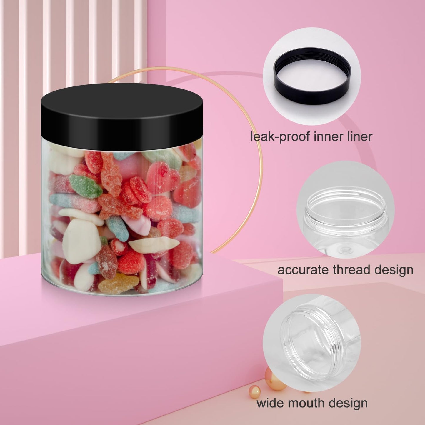 36 Pack 8oz Household Plastic Jars with Lids, BPA Free, Reusable, Refillable Transparent Cosmetic Containers for Bath Salts, Cosmetics, Powders, Beauty Product and Small Accessories, Black