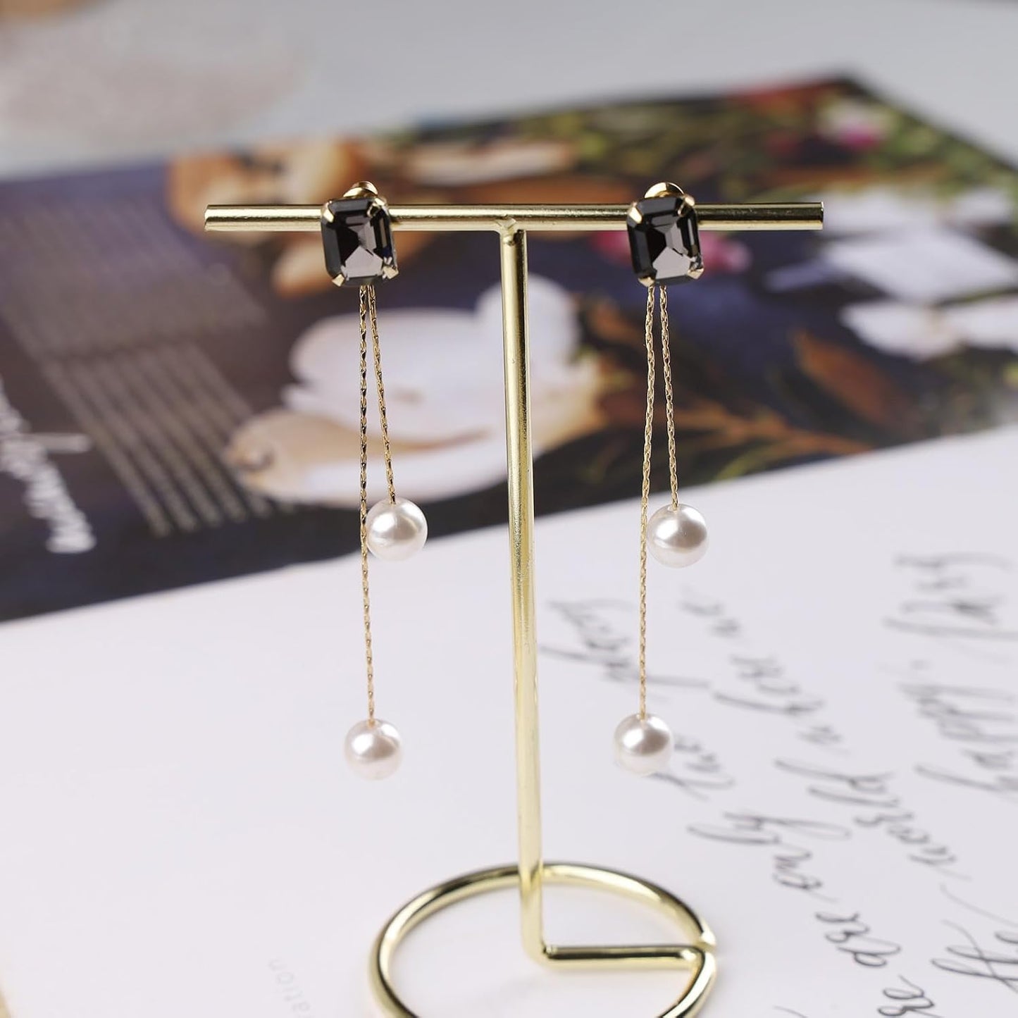 Vintage Black Crystal Pearl Drop Earrings Gold Long Tassel Pearl Earrings Rhinestone Pearl Chain Earrings Black Square Crystal Earrings Jewelry for Women