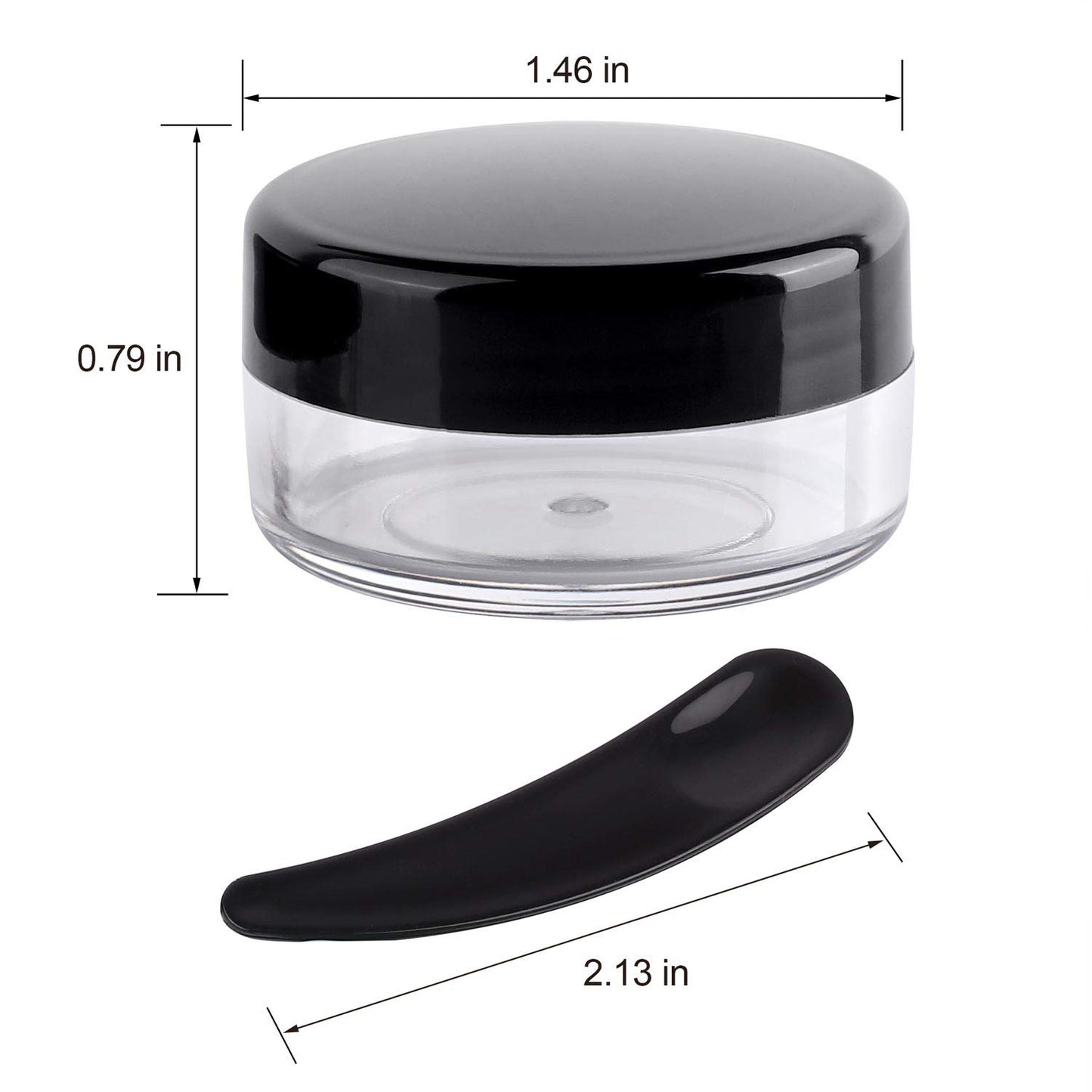 Refillable Cosmetic Sample Jars - 100 Pack 10g (0.35oz) Black Small Travel Containers with Lids + 10 Mini Makeup Spatulas - BPA Free