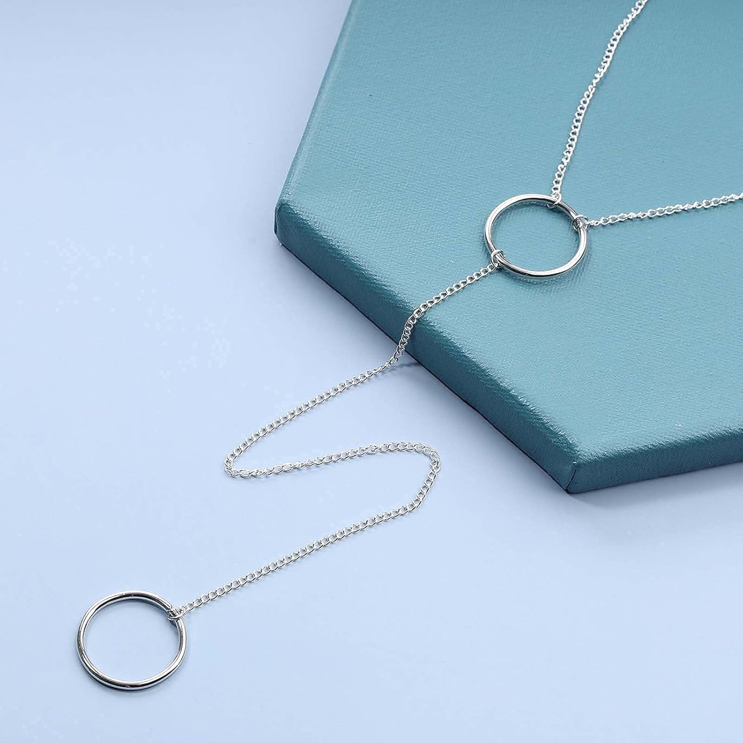 Boho Long Circle Pendant Necklace Silver Y Lariat Necklace Minimalist Y Drop Chain Necklace Jewelry for Women