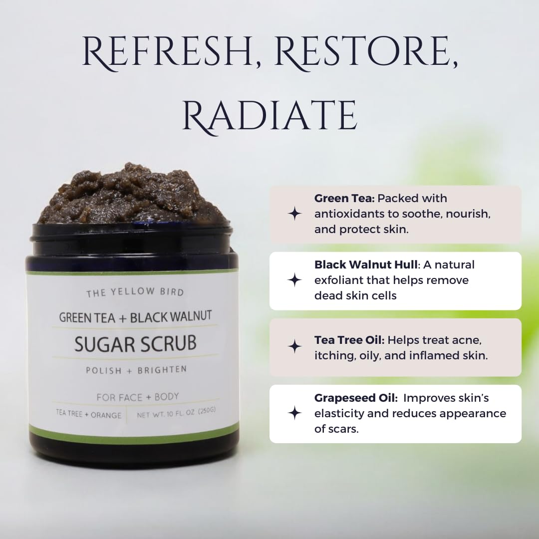Natural Green Tea Sugar Scrub. Face, Body, and Foot Exfoliator. Helps with Moisturizing, Acne, Celluite, Wrinkles, and Exfoliating Dead Skin.