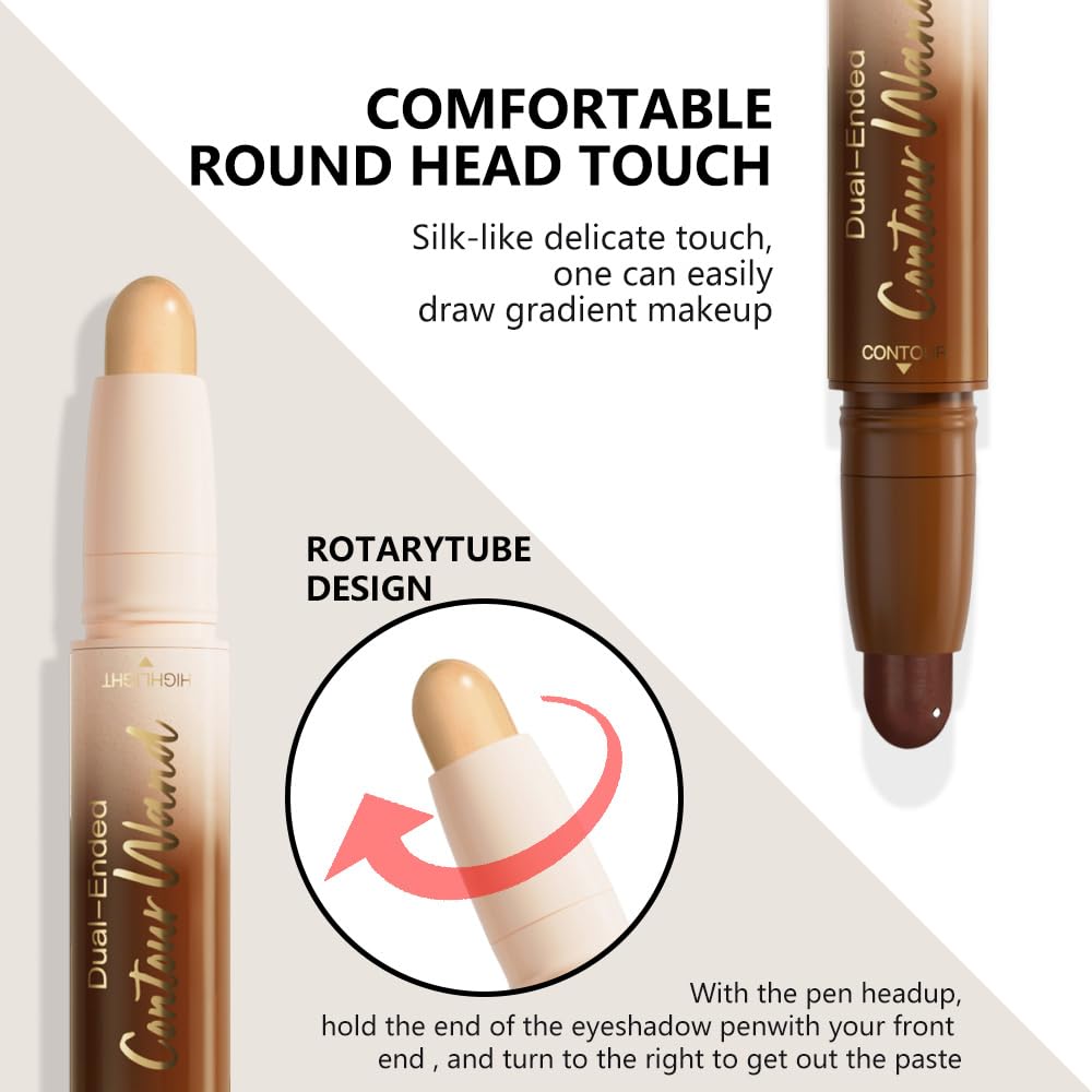 2Pcs 2in1 Cream Contour Highlighter Stick, Dual-Ended Highlighter Makeup Contour Stick, Contour Stick Dual Ended For Face Body Makeup,Long Lasting Waterproof for All Skin Tones (02+04)