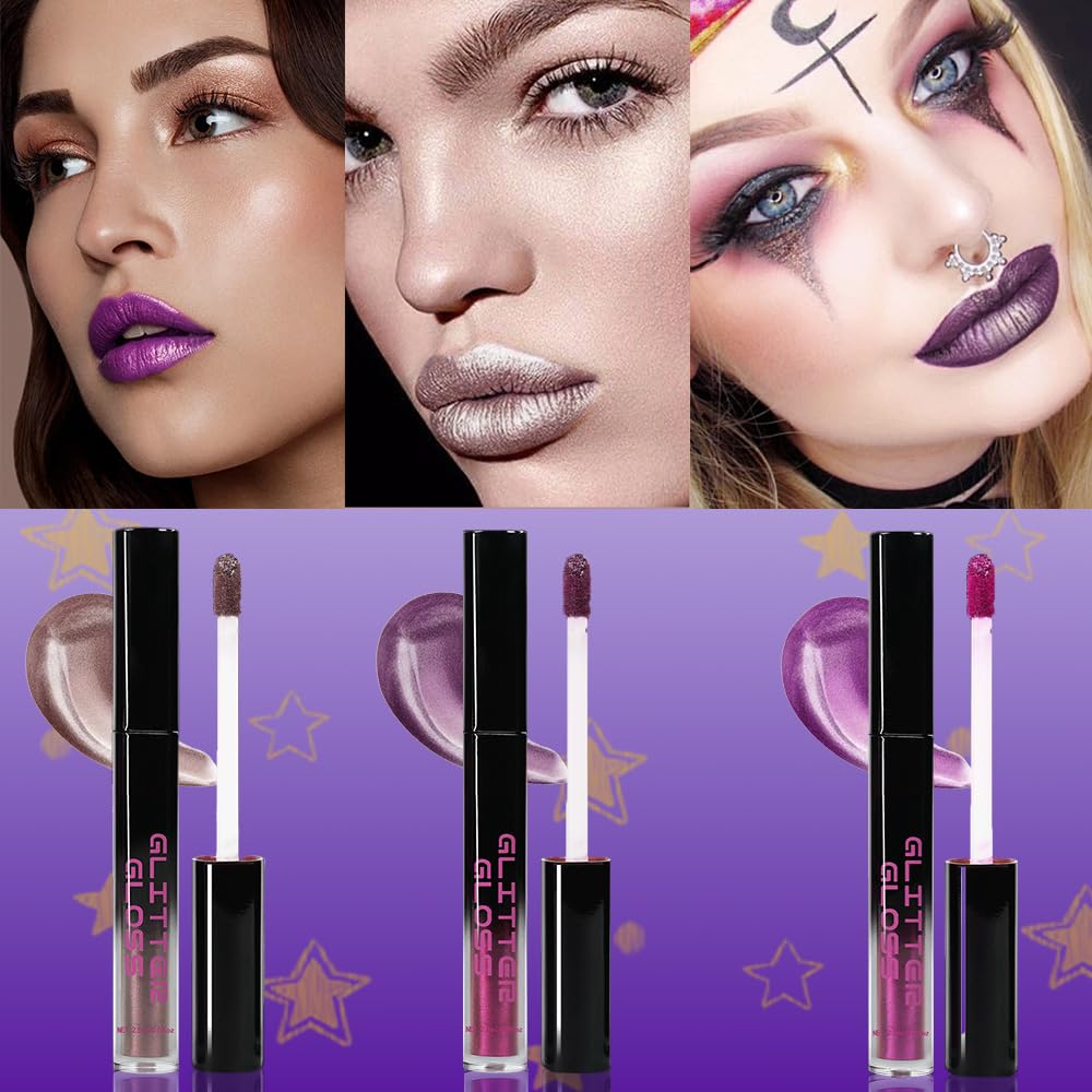 Taupe Purple Dark Purple Metallic Lipstick for Women,Glitter Sparkling Liquid Lipstick,Long Lasting Waterproof Lightweight Non-Drying Bold Dark Lip Gloss for Gothic Stage Makeup,Vegan