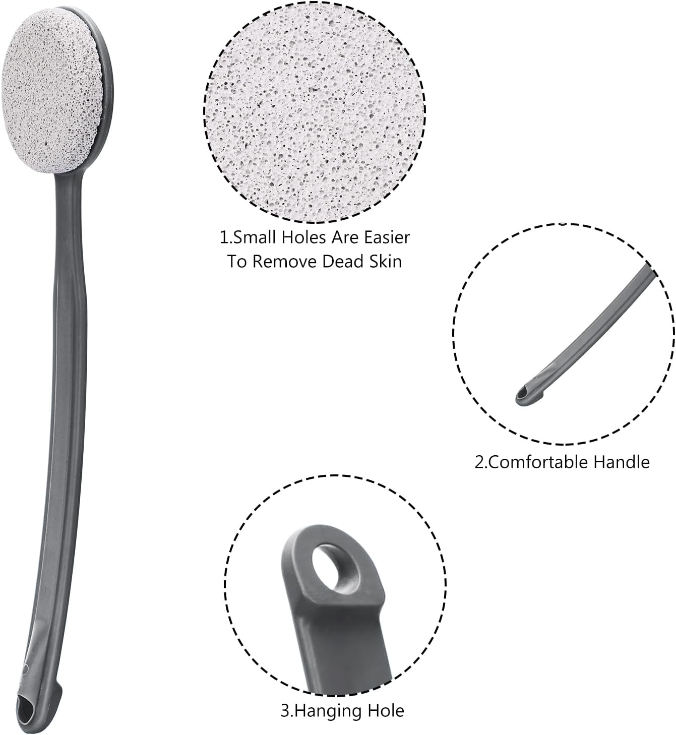 Pumice Stone for Feet with Long Handle (Curved Handle, Grey, Count, 1)