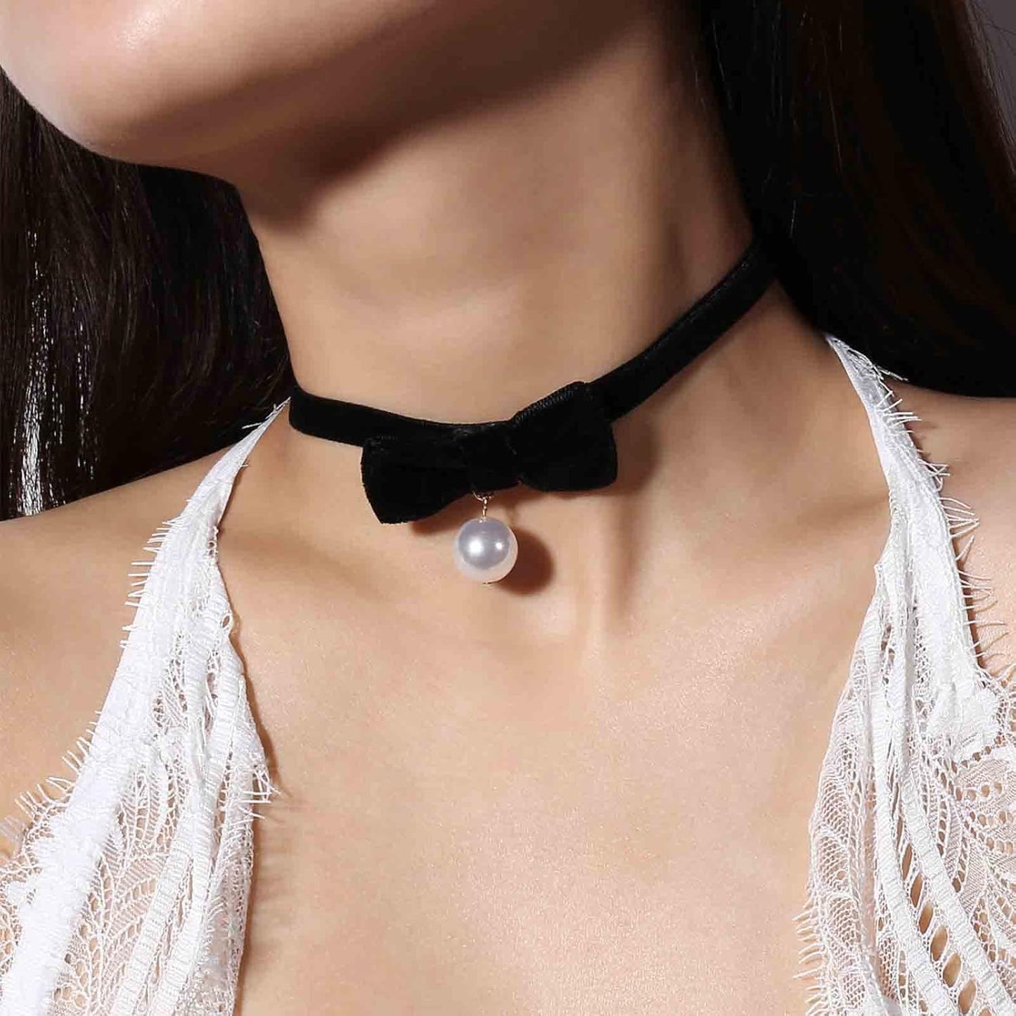 Vintage Satin Choker Necklace Pearl Pendant Necklace Black Bow Necklace Punk Leather Collar Necklace Chain Jewelry for Women and Girls