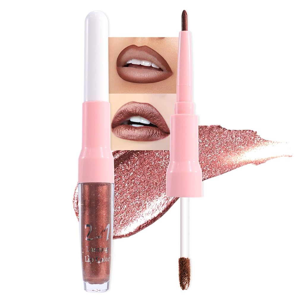 evpct Brown Bronze Metallic Glitter Lip Liner and Lipstick Combo Lip Gloss Stain Set Makeup for Women Long Lasting Waterproof 24, Hot Chocolate Metallic Shimmer Frosted Iridescent Liquid Lipstick 08