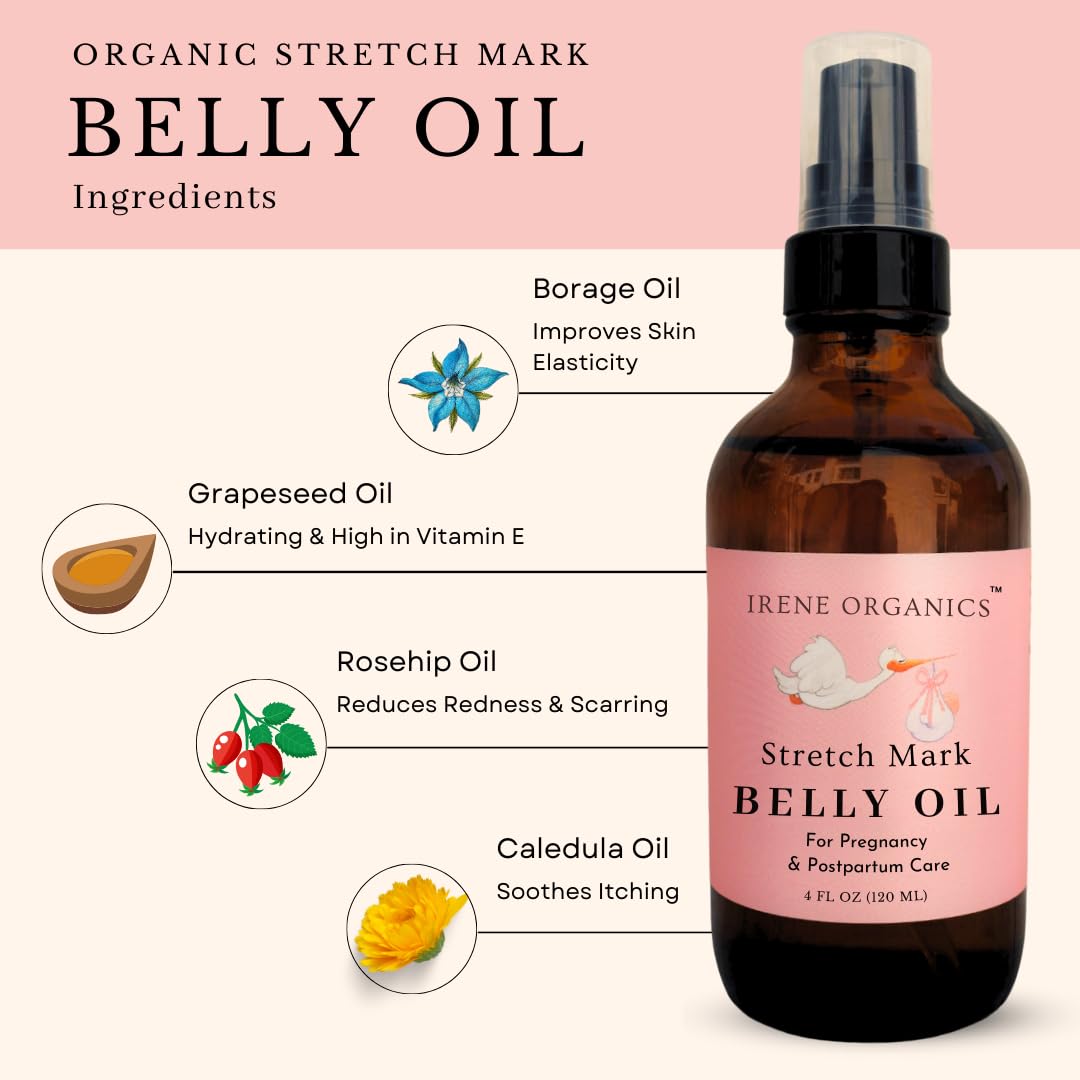 Organic Belly Oil for Pregnancy Stretch Mark Prevention and Treatment Award Winning Anti Stretch Mark Tummy Oil For Pregnancy and Postpartum - Hydrating Bump Oil (Belly Oil)