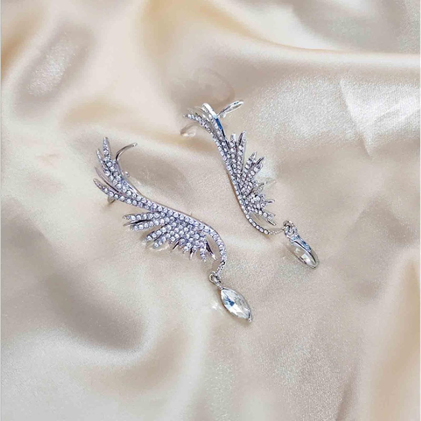 Boho Crystal Angel Wing Earrings Silver Rhinestone Wing Earrings Cz Crystal Ear Climber Earrings Guardian Wing Clip on Earrings Jewelry for Women and Girls Gifts