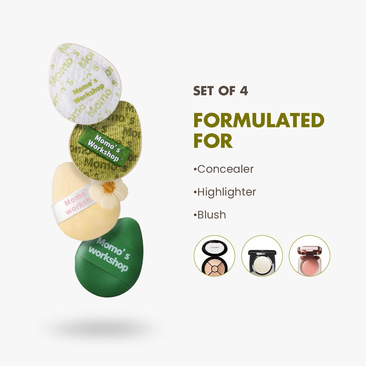 Mini Denim Makeup Sponge Set,Mini Makeup Blenders Sponge for Concealer/Blush/Highlighter, Perfect for Detail Work & Travel,4pcs Green Mini Concealer Puffs with Travel Pouch