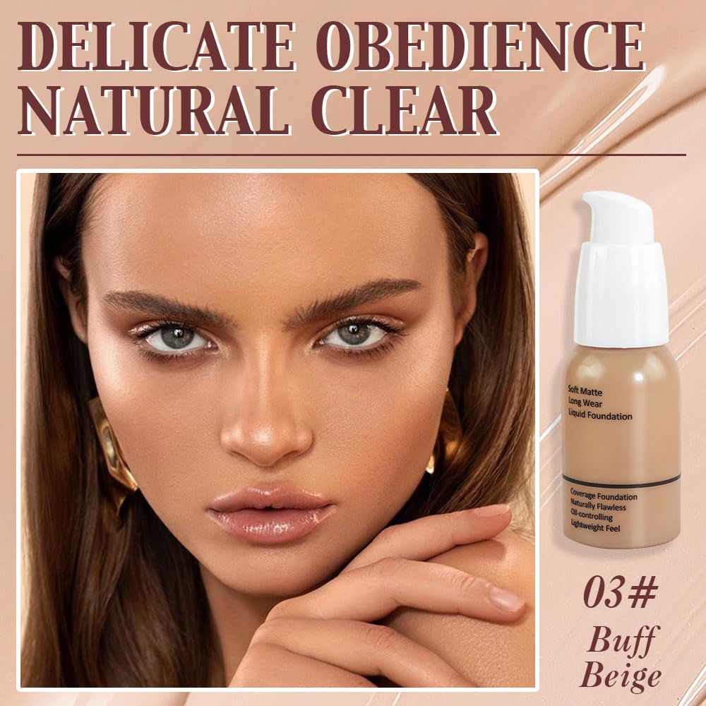 2Pcs Matte Liquid Full Coverage Foundation, Flawless Soft Matte 24HR Oil Control Full Coverage Foundation Makeup for Women, Long-Lasting Waterproof Full Coverage, 03# Buff Beige (03+03, Pack of 2)