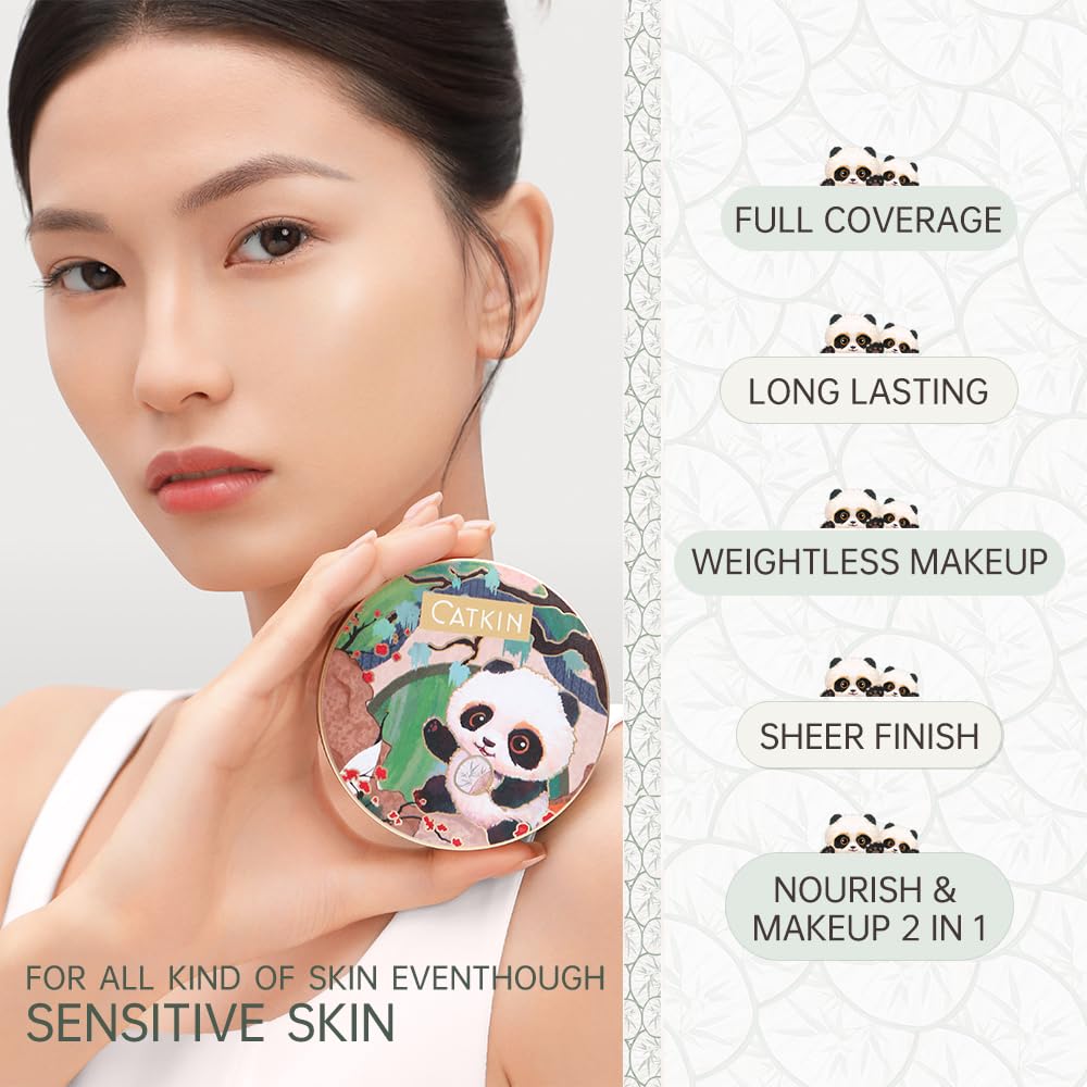 CATKIN Panda Land Full Coverage Cushion Fondation, Breathable Hydrating Nourishing Poreless Face Makeup Save for Sensitive Skin,Sheer Finish (C03 Medium Beige)