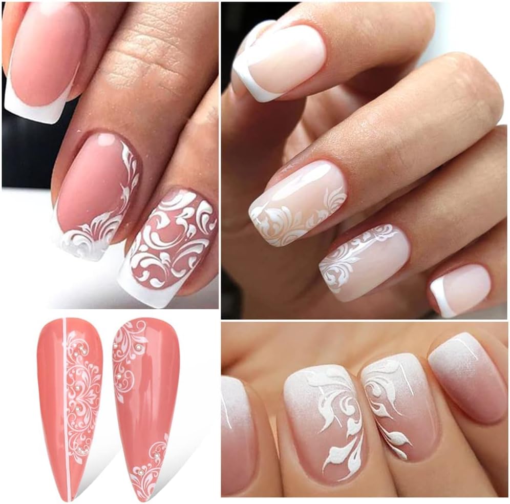 Flowers Nail Art Stickers Decal ,White Flowers Nail Stickers Nail Art Supplies 3D Retro Lace Flower Leaf Vine Geometric Self Adhesive Floral Nail Decals Wedding Nail Designs for Women Manicure Decorations(361-372 White)