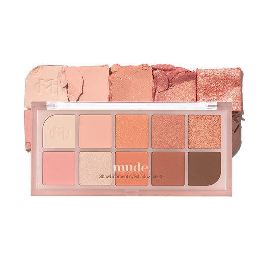 mude Shawl Moment Eyeshadow Palette Matte Shimmering Glitter Layering 10 Shades Highly Pigmented Blendable Color with Soft Texture Korean Makeup Eye Palette K-beauty