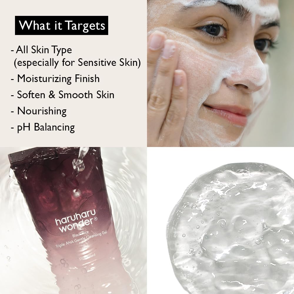 HARUHARU wonder Black Rice Triple AHA Gentle Cleansing Gel 3.38 fl oz, Hydrating Cleansing gel, Gentle exfoliating, Vegan, Travel essentials, Korean Skincare