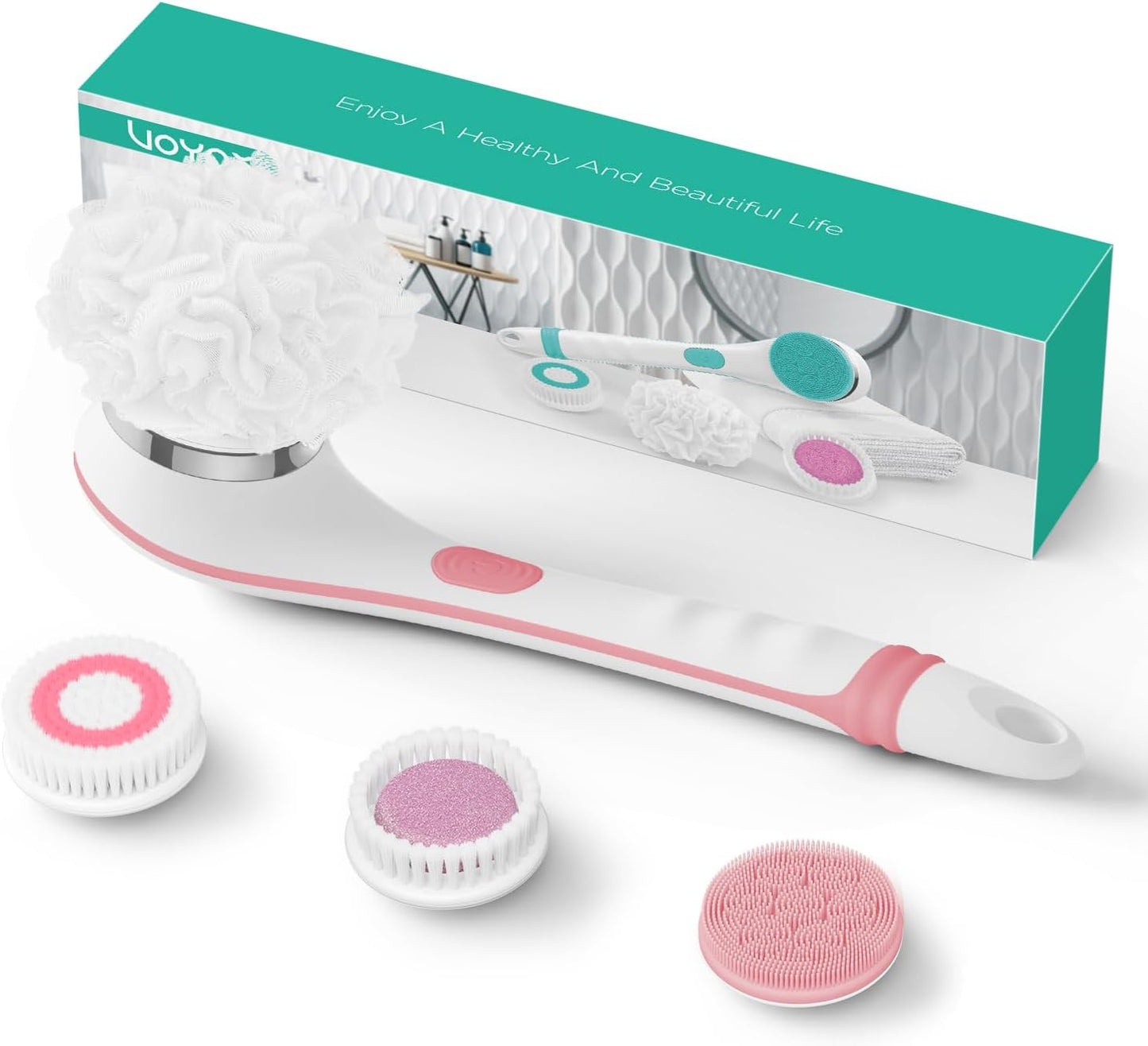 VOYOR Electric Body Brush Back Scrubber for Shower Rechargeable Exfoliating Bath Brush Powered Shower Brush with Non-Slip Long Handle Deep Cleansing, Exfoliation, Massaging Spin Brush BC100 (Pink)