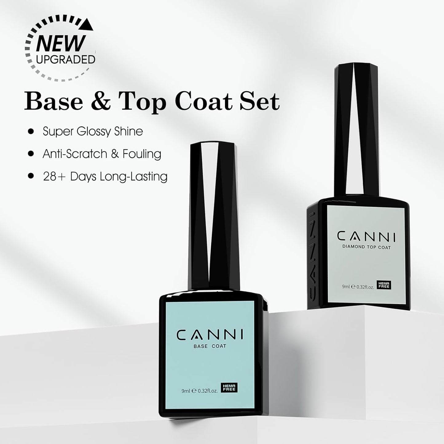 CANNI 2 Pcs No Wipe Gel Top Coat and Base Coat Set- High Gloss Shiny Long Lasting Base Top Coat Gel Nail Polish, Soak Off Nail Art Home and Professional Manicure